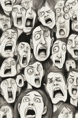 sketch of many faces on a pages, screaming and sad, demented, mad, journal