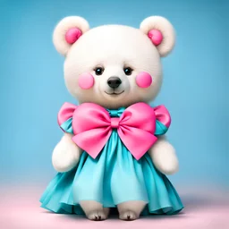a white bear with pink cheeks, a pink bow behind her head and wearing a cyan blue dress with two white circles