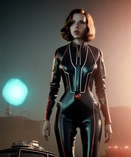 retro sci-fi portrait image from 1960, supermarket parking explosion, fire, classic black widow, young Scarlett Johansson, tight latex suit, soft color, highly detailed, unreal engine 5, ray tracing, RTX, lumen lighting, ultra detail, volumetric lighting, 3d, finely drawn, high definition, high resolution.