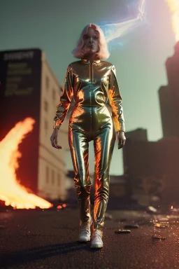 retro sci-fi image from 1980, supermarket explosions, fire, people running, sweet young blonde woman walking, tight latex suit, weapon, soft color, highly detailed, unreal engine 5, ray tracing, RTX, lumen lighting, ultra detail, volumetric lighting, 3d, finely drawn, high definition, high resolution.