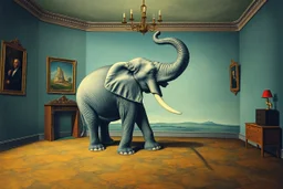 Surreal image of an out of proportion elephant in a room, in the style of a Salvador Dali painting