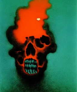 broken skull. black background. smoke and explode. particles in air. teal and orange. abstract. beksinski.