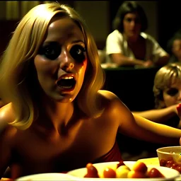 Horror movie shot, hot, ultra realistic, dine, horns, ultra chaos, realistic hot blonde women come, hot party, excitement, super show breaist, pieces of meat, tongue, organs, hot dynamic, very excited people, cries, hypermaximalist figures, 1970's Italian horror movie, sinister,, Dario Argento, Stanley Kubrik, ornate, 4k, photorealism