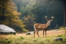 deer in forest next to rocks and grass fields