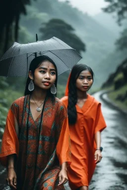 Gambar wanita Indonesia cantik sedang hujan dijalan pegunungan