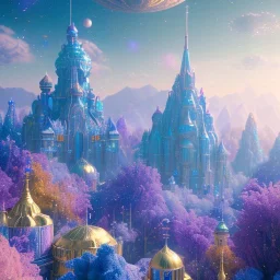 blue gold and violet landscape with multicolored crystals falling from the sky, full of details, smooth, bright sunshine，soft light atmosphere, light effect，vaporwave colorful, concept art, smooth, extremely sharp detail, finely tuned detail, ultra high definition, 8 k, unreal engine 5, ultra sharp focus