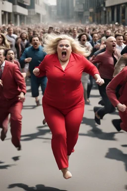 an obese terrified blonde woman in a red pant suit desperately running away from an angry mob of hundreds of people chasing her from far behind