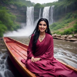 Hyper Realistic Photographic View Of A Gorgeous Pashto Girl (Wearing Simple Maroon Colored Dress & Wearing Plain Pink Dupatta On Her Neck) Happily Sitting & Smiling On A Boat & Showing Her Long Black Hair On The River With Beautiful Waterfall At The Back, At Heavy Rainy Weather Showing Dramatic & Cinematic Ambiance.