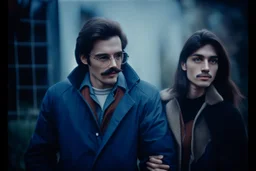 a young man and a beautiful woman standing next to each other, 1 9 8 0 s analog video, with mustache, small glasses, cold scene, out of focus background, house on background, the woman has long dark hair, photo realistic