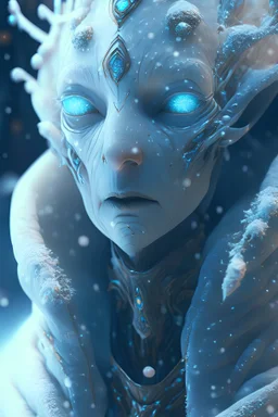 Snow alien ,hyper detailed, digital art, trending in artstation, cinematic lighting, studio quality, smooth render, unreal engine 5 rendered, octane rendered, art style by klimt and nixeu and ian sprigger and wlop and krenz cushart