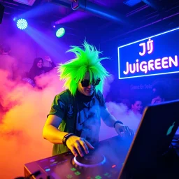 A DJ performing at dance club, his name DJ JüRGEN and looks crazy, crazy green hair with crazy outfit. Neon lights and smog, DJ JüRGEN SIGN ON WALL