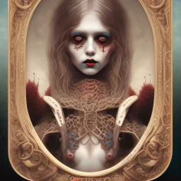 singer Danish MØ face, style surrealism by <Mark Ryden>, blood, hair guts, darkred tones,