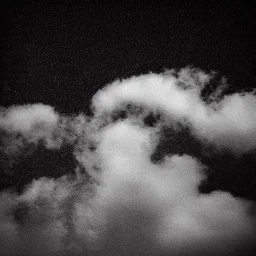 A close-up photograph of a person's face looking up at the sky, with the clouds behind them, black and white photograph, digital art