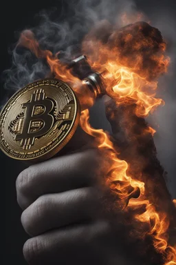 A sizzling Bitcoin logo is steaming from a man's arm. A burning iron had just burned the image on the arm