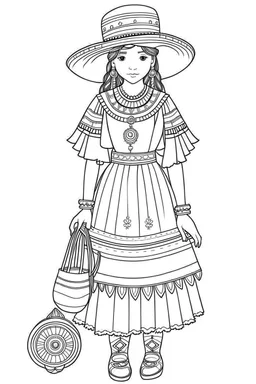 Outline art for coloring page OF FULL BODY OF A PERUVIAN GIRL WITH A TOY SLINKY IN 1950, coloring page, white background, Sketch style, only use outline, clean line art, white background, no shadows, no shading, no color, clear