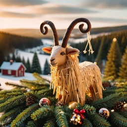 traditional Swedish Julbock (Christmas goat) made of straw, symbolizing protection and good fortune, decorates festive pine garlands in Sweden 🇸🇪 Winter Swedish lanscape in background
