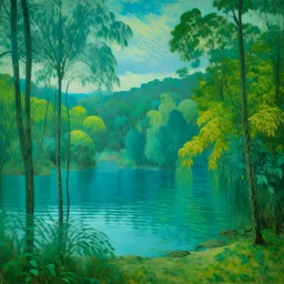 A turquoise jungle with a lake painted by Alfred Sisley