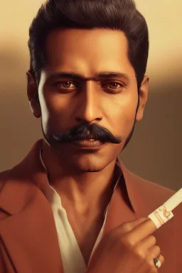 a portrait of dashing dude from india holding a cigarette in hand, cyborg , incredibly sharp & detailed, cinematic, vintage