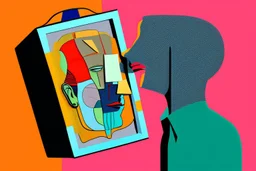 man with head inside a tv box in the style of Eileen Agar