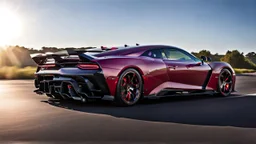 A rear view sleek (((challenger veneno))), with its iconic design and powerful contours, elegantly poised against a (sunny, blue sky, road)