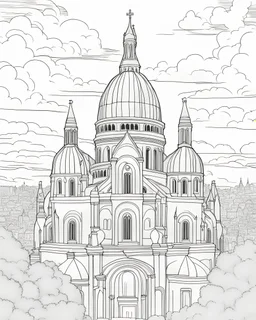 a coloring page, depicting the Sacre Coeur in France, full page, full view, black and white, line art, outline, highly defined lines, with scenery