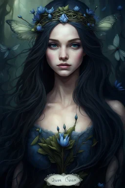 Blue Water lilies Dark blue long hair Dark Fairy princess rapunzel hair queen crown dragonflies fireflies elven tiara flowers fairy wings saphire