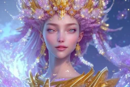 very beautiful crystal and gold goddess in a galactic ambiance, nice smiling, transparent petals, delicate colors, full of details, smooth, bright sunshine，soft light atmosphere, light effect，vaporwave colorful, concept art, smooth, extremely sharp detail, finely tuned detail, ultra high definition, 8 k, unreal engine 5, ultra sharp focus