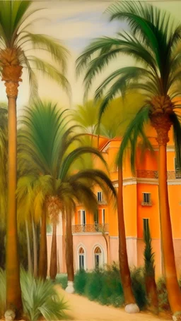 A light rosy orange colored oasis with tall palm trees painted by Maurice Utrillo