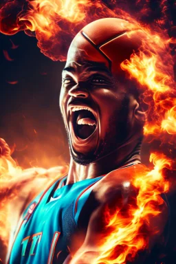 8k, highly realistic and detailed image of a NBA basketball player in action dunking the ball in the net, sweaty hair, screaming look,action and smoke and flames background