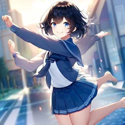 Clear focus,High resolution, Black short fluffy hair, and blue eyes, wearing a sailor uiform, smiling, jumping, hands in air, short skirt