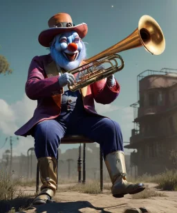 mechanoid old friendly fat clown with trimmed beard playing jazz with a steampunk theme, trumpet, realistic