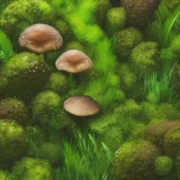 microphotography mushroom growing in a mossy dense lush green woods, high definition, detail, HD, 8k, realistic, 3d rendering, blender, photography, fisheye, bulge, tilt shift blur