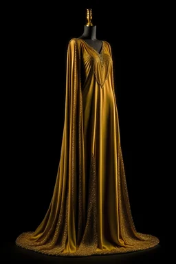 An evening dress to attend a night event for an Arab girl veiled with a satin veil. The dress is made of satin and is decorated on the chest. Only the sleeves are made of satin. It is decorated at the top with delicate sparkling crystals. The design is modern and suitable for a veiled Arab girl at a wedding or fashion show. The color is dark golden. The girl has a slim and attractive waist. High-quality digital drawing. High