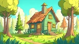 Cartoon style: at the end of the forest, far away on the horizon a small wooden house