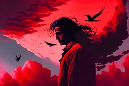 A dark sihlouette of a man flying among the beautiful haunting blood-red clouds