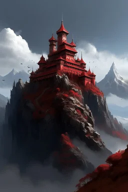 A dark red Eastern castle on the sky high mountain painted by Zosan