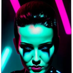 portrait oil on canvas, beautiful punk busty female Cyborg, looking to viewer, sad green eyes, post-apocalyptic in a cyberpunk city,minimal skintight suit, blade runner, comic book cover, mystical colors, neon, insanely detailed,realistic,intrincate detail, 16k resolution, masterpiece, Adam hughes