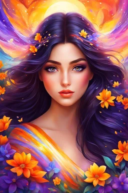 Masterpiece, best quality, digital painting style, adorable digital painting, beautiful fantasy art, colorful. Her dark hair cascades, and her kind eyes seem like gentle winds blowing. With awe, she gazes at the vibrant hues of the sunset - a kaleidoscope of orange, purple, and yellow. Enveloped in the embrace of spring's gentle spell, her heart awakens to the beauty that dwells around her. The world is so colorful, ablaze with life's zest, and she becomes part of nature's eternal quest.