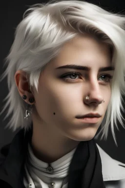 androgynous masculine teen with fluffy silver hair and piercings