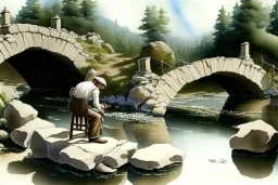 an artist with an easel sits on a stool next to a little stone bridge, he is painting. highly detailed, smooth colours. Watercolour