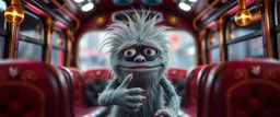 close up portrait of hairy fluffy polymer clay cute happy worried monster with realistic human colored and textured skin, and long sleek limbs and with studio lights, on a luxury ornate neon buss, talking to his aunt