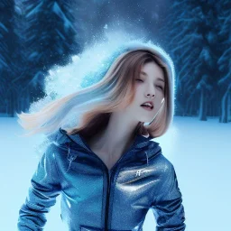 Woman skating on ice, blue, forest, snow, beautiful, mountain, masterpiece, expert, 8K, hyperrealism, sharp focus, cinematic lighting