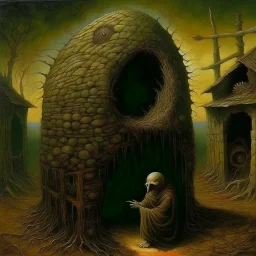 Cirrhosis grotesque overdose Shirley Jackson's lottery, abstract surrealism, by Phlegm and Dave McKean and Zdzislaw Beksinski, mind-bending matte oil painting; warm colors, off-centered fragmented composition, burlap sack mask dark shines overdose of grotesque, Expressionism