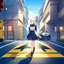 anime girl walking down a yellow brick road, holding a bow with arrow , road signs, arrows, direction into the street