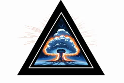 a nuclear explosion cloud, behind an orange glowing omega like shape, all inside an equilateral triangle like a doorway to a different world, radiant lines, digital painting