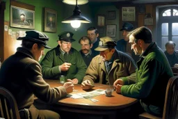 Smoky pub, cheerful young men drinking around a table, a policeman looking thoughtfully at the ID card of one of the boys, lamplight