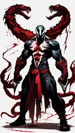 A close picture of Venom symbiote with kratos red tattoos and Clothes, holding blade of choice