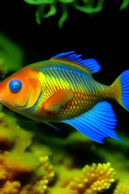 orange wrasse fish with blue eyes, yellow belly and sharp purplish-black fins