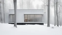 Modern and minimalist house in a winter environment is light gray, with vertical siding that gives it a subtle texture. There are small rectangular windows and a visible door, all emitting warm light from the inside. The house is situated in a snowy landscape, with several bare trees scattered around, suggesting that it is winter or a cold region.