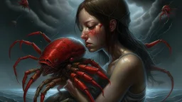 A surreal and horrifying transformation scene where a woman's body is gradually morphing into an evil, monstrous crayfish. Her skin becomes scaly, and her legs turn into powerful crustacean appendages. Her face distorts into a menacing, jagged mouth with sharp teeth. The background is a cloudy, ominous sky, and the air is thick with tension and fear.